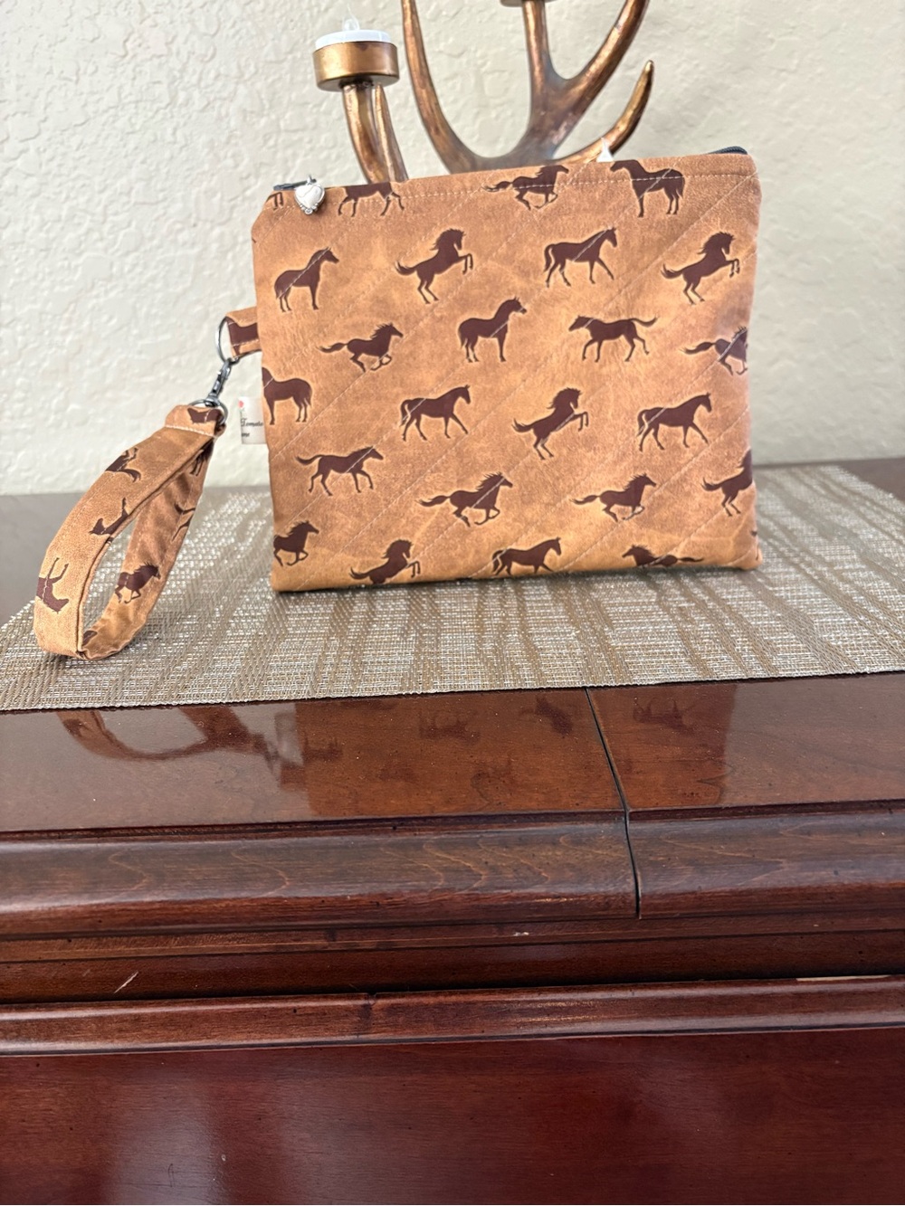 NEW Hand Crafted Quilted Horse Print Zipper Pouch with Detachable Wristlet